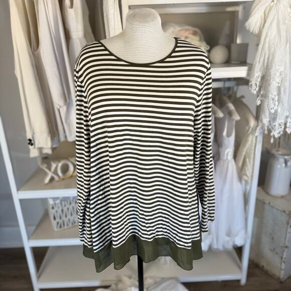 Chico's Women's Size L Olive Green & White Striped Long Sleeve Blouse #3502 - Picture 1 of 8